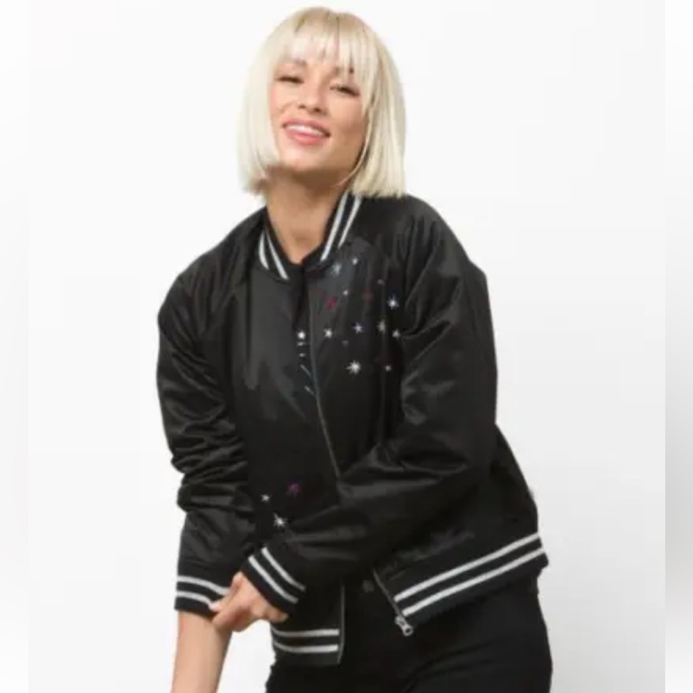 Vans Black Satin Bomber Jacket with Star Embroidery, Small
